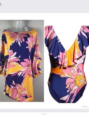 Trina Turk Breeze Ruffle One Piece Swimsuit & Cover Up Dress Navy Floral size 12
